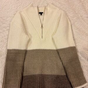 Talbots Cream and Brown V-Neck Sweater with Colorblock Design